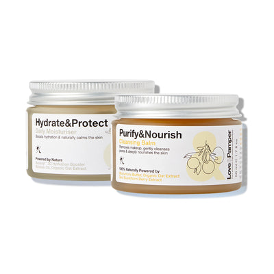 Two jars of skincare products labeled 'Hydrate & Protect' and 'Purify & Nourish' on a white background.